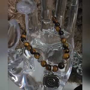 Brighton Ferrara Virtue Tiger Eye Beaded Bracelet with Silver Charm
